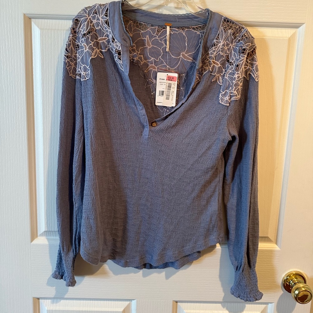 Free People Dusty Blue Long-Sleeve Henley with White Lace Yoke